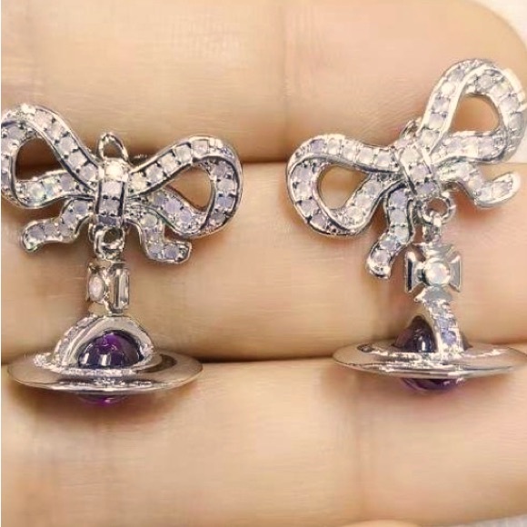 silver tone signature Orb Drop of crystal Bow small earrings - Picture 5 of 10